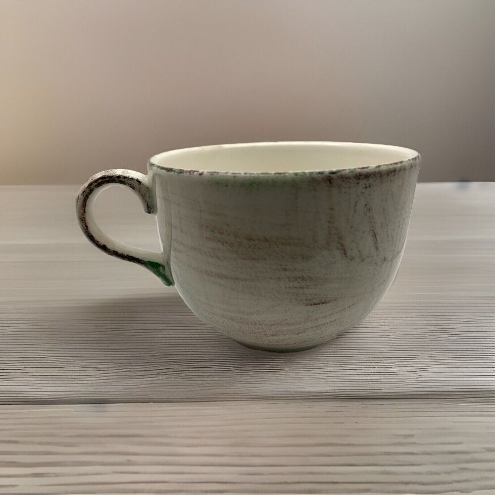 De Silva Italian Terracotta Four Mugs Cream Brown Green Feathering Made in Italy